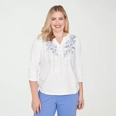 Alfred Dunner Casual Vibe Womens Split Crew Neck 3/4 Sleeve T-shirt In White