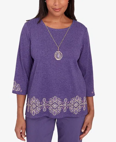 Alfred Dunner Charm School Women's Embroidered Medallion Top With Necklace In Purple