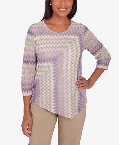 Alfred Dunner Charm School Women's Sparkling Zig Zag Stripe Top In Purple