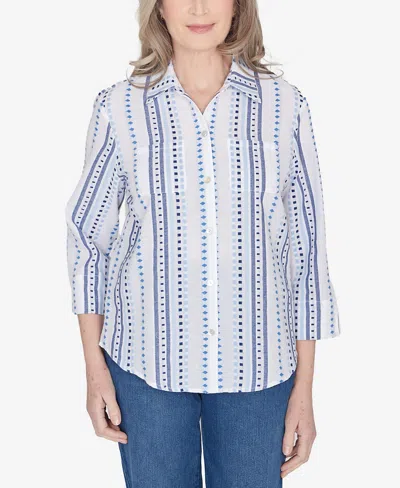 Alfred Dunner Classic Jacquard Stripe Collared Button Down Top In Blue