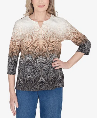 Alfred Dunner Classic Ombre Beaded Keyhole Neck Top In Neutral