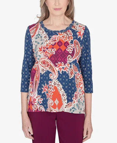 Alfred Dunner Classic Paisley Patchwork Knotted Crew Neck Top In Multi
