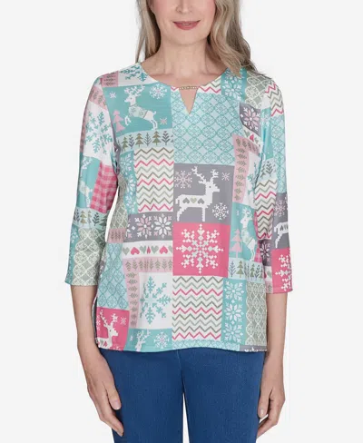 Alfred Dunner Petite Classics Reindeer Patch Work Top In Multi Green