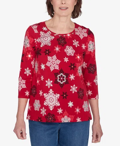 Alfred Dunner Classic Snowflake Infused Top In Red