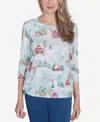 Alfred Dunner Plus Size Classic Triple Notch Neck Deer Village Top In Multi Green