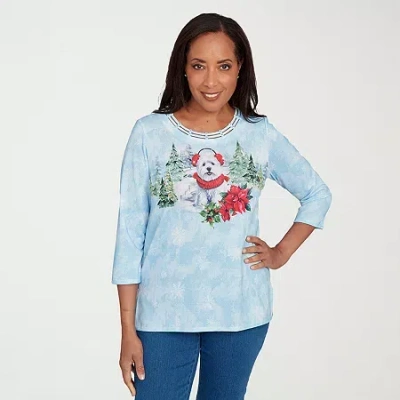 Alfred Dunner Classics Womens Crew Neck 3/4 Sleeve T-shirt In Blue