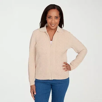 Alfred Dunner Classics Womens Long Sleeve Zipper Cable Knit Cardigan In Sand