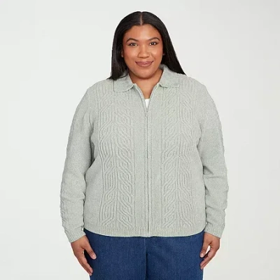 Alfred Dunner Classics Womens Long Sleeve Zipper Plus Cable Knit Cardigan In Green