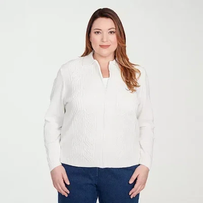 Alfred Dunner Classics Womens Long Sleeve Zipper Plus Cable Knit Cardigan In White