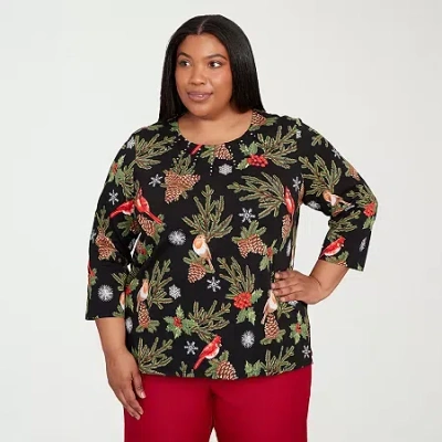 Alfred Dunner Classics Womens Plus Crew Neck 3/4 Sleeve T-shirt In Black