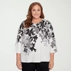 Alfred Dunner Plus Size Classic Shadow Leaf Three Quarter Sleeve Top In White