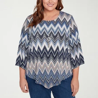 Alfred Dunner Plus Size Classic Puff Print Textured Chevron Crew Neck Top In Blue