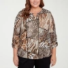 Alfred Dunner Plus Size Classic Puff Print Animal Colorblock Keyhole Neck Top In Multi