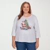 Alfred Dunner Plus Size Classic Santa And Tree Print Crew Neck Top In Gray