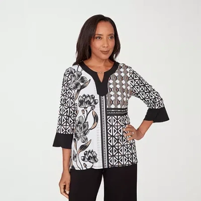 Alfred Dunner Classics Womens Split Crew Neck 3/4 Sleeve T-shirt In Black