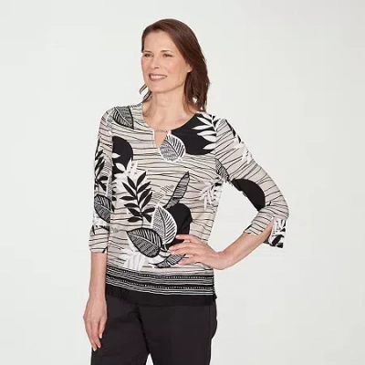 Alfred Dunner Classics Womens Split Crew Neck 3/4 Sleeve T-shirt In Black