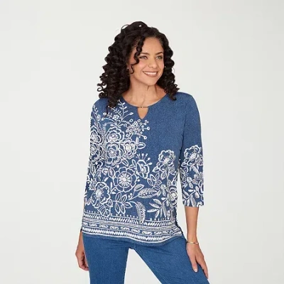 Alfred Dunner Plus Size Classic Floral Border Embroidered Split Neck Top In Blue