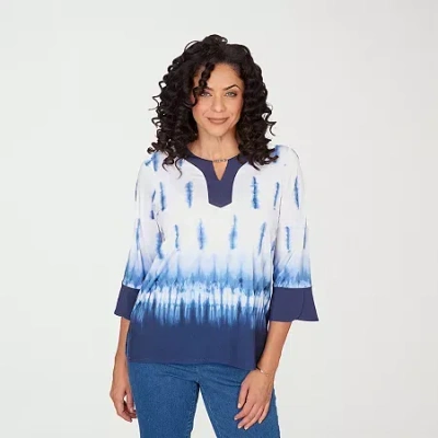 Alfred Dunner Classics Womens Split Crew Neck 3/4 Sleeve T-shirt In Blue