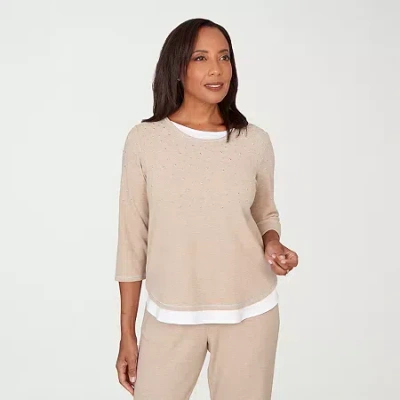 Alfred Dunner Comfort And Joy Womens Crew Neck 3/4 Sleeve T-shirt In Neutral