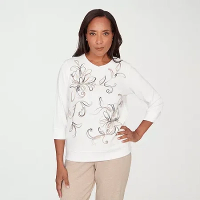 Alfred Dunner Comfort And Joy Womens Crew Neck 3/4 Sleeve T-shirt In White