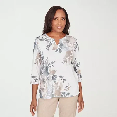 Alfred Dunner Comfort And Joy Womens Split Crew Neck 3/4 Sleeve T-shirt In Gray