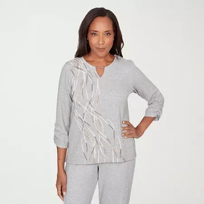 Alfred Dunner Comfort And Joy Womens Split Crew Neck 3/4 Sleeve T-shirt In Gray