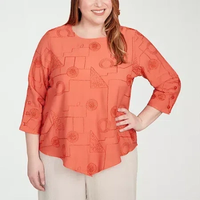 Alfred Dunner Copper Canyon Womens Plus Crew Neck 3/4 Sleeve Blouse In Orange