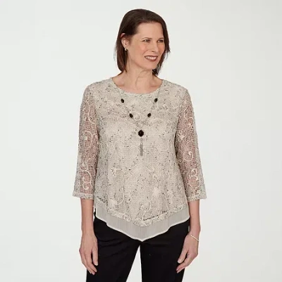Alfred Dunner Detail Driven Womens Crew Neck 3/4 Sleeve T-shirt In Gray