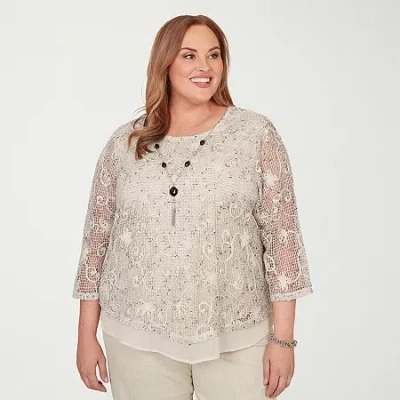 Alfred Dunner Detail Driven Womens Plus Crew Neck 3/4 Sleeve Layered Top In Multi