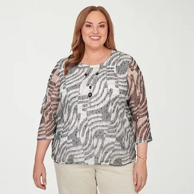 Alfred Dunner Detail Driven Womens Plus Crew Neck 3/4 Sleeve T-shirt In Black