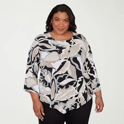 Alfred Dunner Detail Driven Womens Plus Crew Neck 3/4 Sleeve T-shirt In Black