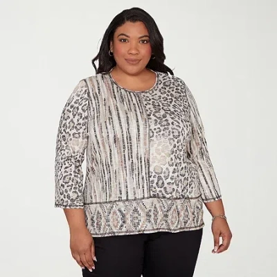 Alfred Dunner Detail Driven Womens Plus Crew Neck 3/4 Sleeve T-shirt In Multi