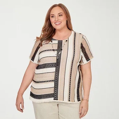 Alfred Dunner Detail Driven Womens Plus Crew Neck 3/4 Sleeve T-shirt In White