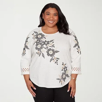 Alfred Dunner Detail Driven Womens Plus Crew Neck 3/4 Sleeve T-shirt In White