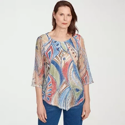 Alfred Dunner El Paso Womens Crew Neck 3/4 Sleeve T-shirt In Blue