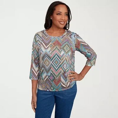 Alfred Dunner El Paso Womens Crew Neck 3/4 Sleeve T-shirt In Blue