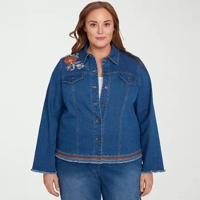 Alfred Dunner Plus Size El Paso Floral Vine Embroidered Border Denim Jacket In Blue