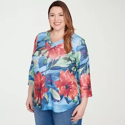 Alfred Dunner El Paso Womens Plus V Neck 3/4 Sleeve T-shirt In Blue