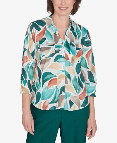 Alfred Dunner Women's Emerald Isle Abstract Leaf Top With Bell Sleeves In Neutral Multi