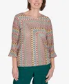 Alfred Dunner Petite Emerald Isle Spliced Texture Top With A Drawstring Hemline In Multi Green