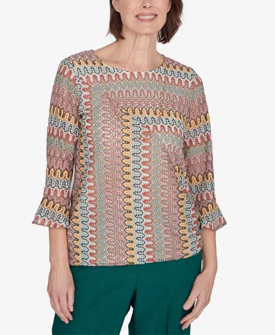 Alfred Dunner Petite Emerald Isle Spliced Texture Top With A Drawstring Hemline In Mugreen