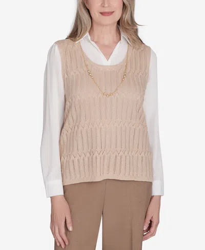 Alfred Dunner Women's Emerald Isle Two In One Textured Vest Top With A Detachable Necklace In Cashew