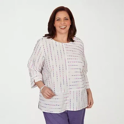 Alfred Dunner Grand Bazaar Womens Plus Crew Neck 3/4 Sleeve Blouse In White