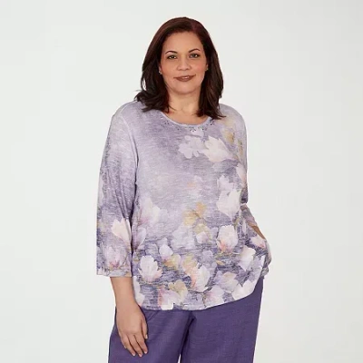 Alfred Dunner Grand Bazaar Womens Plus Crew Neck 3/4 Sleeve T-shirt In Purple