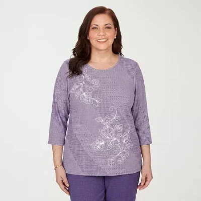 Alfred Dunner Grand Bazaar Womens Plus Crew Neck 3/4 Sleeve T-shirt In Purple