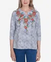 Alfred Dunner Harvest Moon Women's Textured Floral Embroidered Split Neck Top In Grey