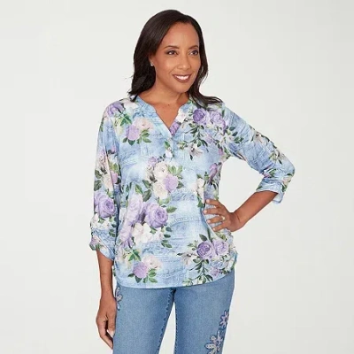 Alfred Dunner Hilton Head Womens 3/4 Sleeve Henley Shirt In Multi