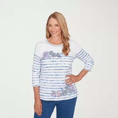 Alfred Dunner Hilton Head Womens Crew Neck 3/4 Sleeve T-shirt In Blue
