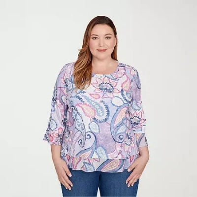 Alfred Dunner Hilton Head Womens Plus Crew Neck 3/4 Sleeve T-shirt In Purple