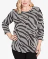 Alfred Dunner Jet Setter Animal Houndstooth Top With Necklace In Gray
